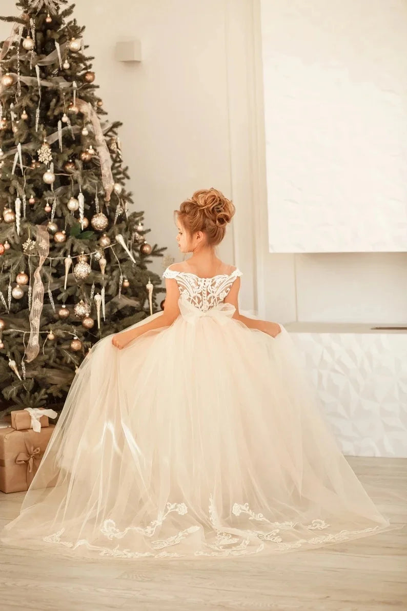 FATAPAESE 2-14 Years Lace Tulle Flower Girls Dress Princess for Kid Child Wedding Party Juniorbridesmaid Maxi Ball Gown Evening