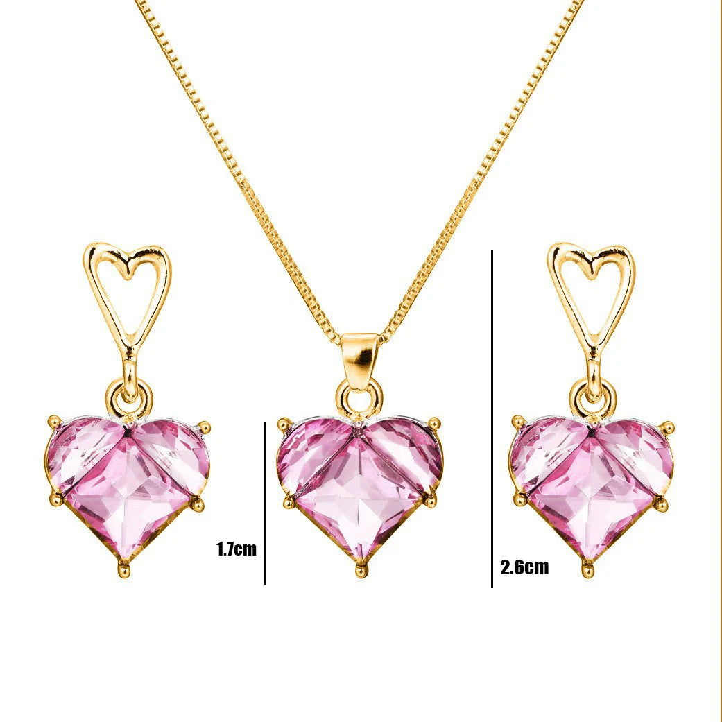 New Pink Necklace Cross Border Full Diamond Necklace Women s Peach Heart Bride Necklace Earring Set Jewelry