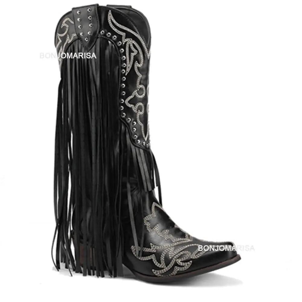 Cowboy Boots For Women Fringe Embroidery Flower Sweet Western Boots Cowgirls Roman Block High Heeled Shoes Autumn