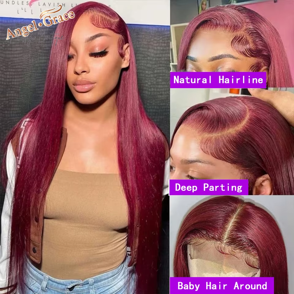Angel Grace 99J Straight 4X4 Lace Closure Wigs Human Hair Burgundy Straight Wigs Brazilian Remy Colored Hair for Women