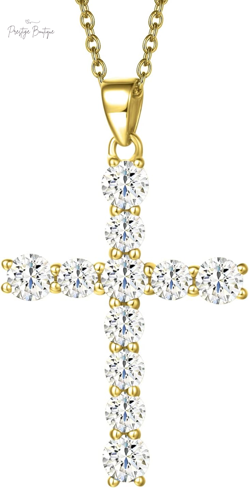 Carleen Cross Necklace for Women Yellow Gold Plated Sterling Silver Cubic Zirconia CZ Simulated Diamond Cross Crucifix Pendant Necklace Jewelry Easter Gift for Women, 18" Silver Chain Nice Gifts Jewelry Box