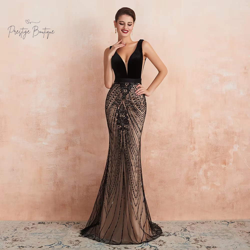 Customized Mermaid Evening Dresses YOUXI Sexy Plunging Backless Black and Champagne Long Prom Formal Gown Robe De Soiree