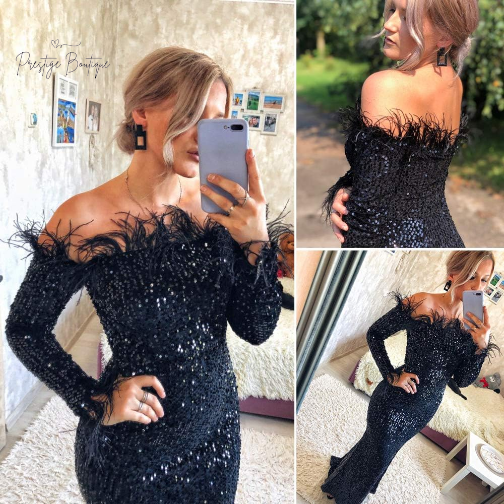 Romagic Formal Floor Length Long Sleeve Party Dress Sequin Feather Evening Prom Event