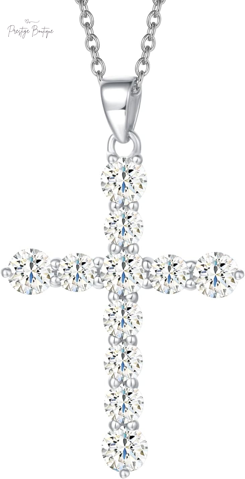 Carleen Cross Necklace for Women Yellow Gold Plated Sterling Silver Cubic Zirconia CZ Simulated Diamond Cross Crucifix Pendant Necklace Jewelry Easter Gift for Women, 18" Silver Chain Nice Gifts Jewelry Box
