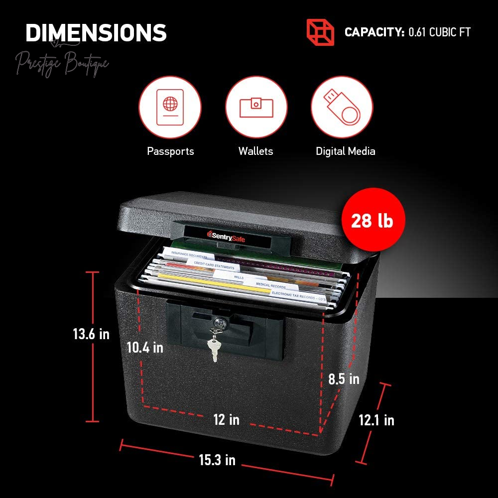 Sentrysafe Black Fireproof Document Box with Key Lock, Safe Secures Files and Documents for Home or Office, 0.61 Cubic Feet, 13.6 X 15.3 X 12.1 Inches, 1170