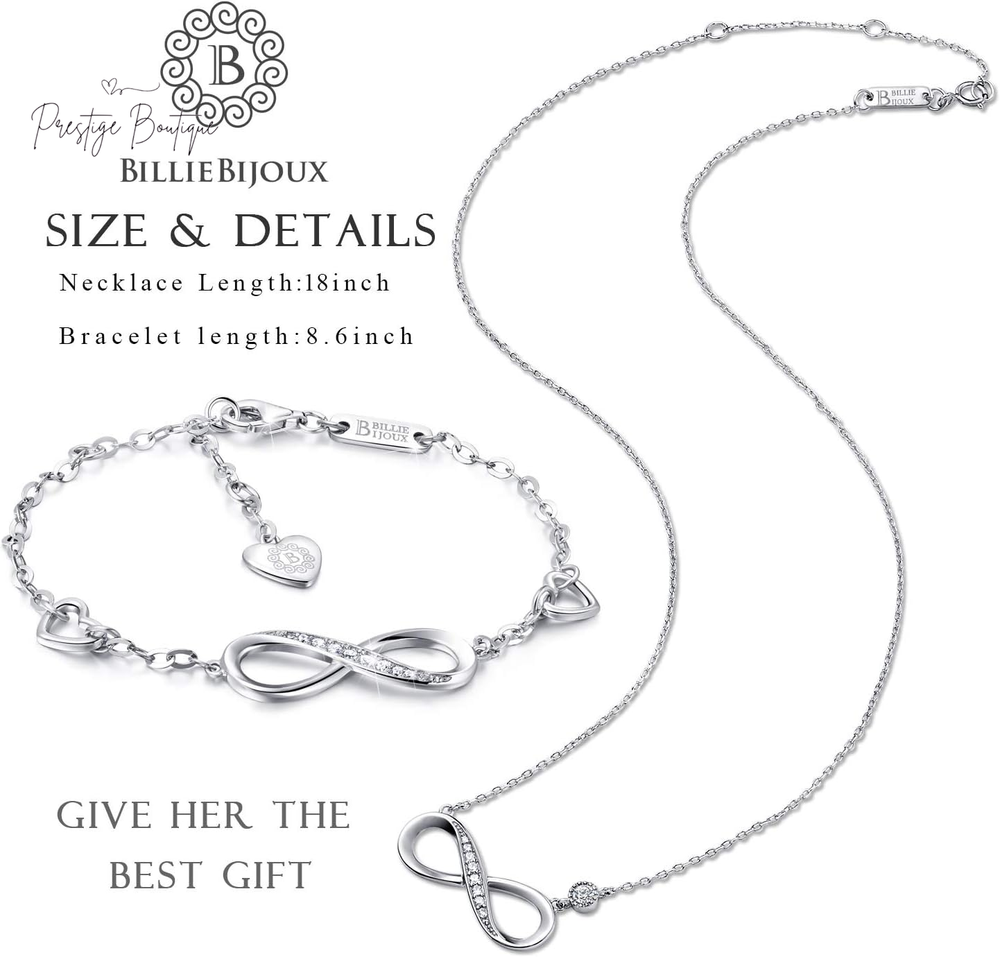 Billie Bijoux 925 Sterling Silver Necklace Bracelet Jewelry Sets Infinity Love Jewelry Sets White Gold Plated Women Necklace Gifts for Women
