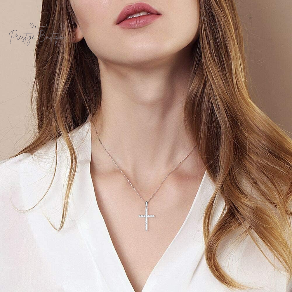 Carleen Cross Necklace for Women Yellow Gold Plated Sterling Silver Cubic Zirconia CZ Simulated Diamond Cross Crucifix Pendant Necklace Jewelry Easter Gift for Women, 18" Silver Chain Nice Gifts Jewelry Box