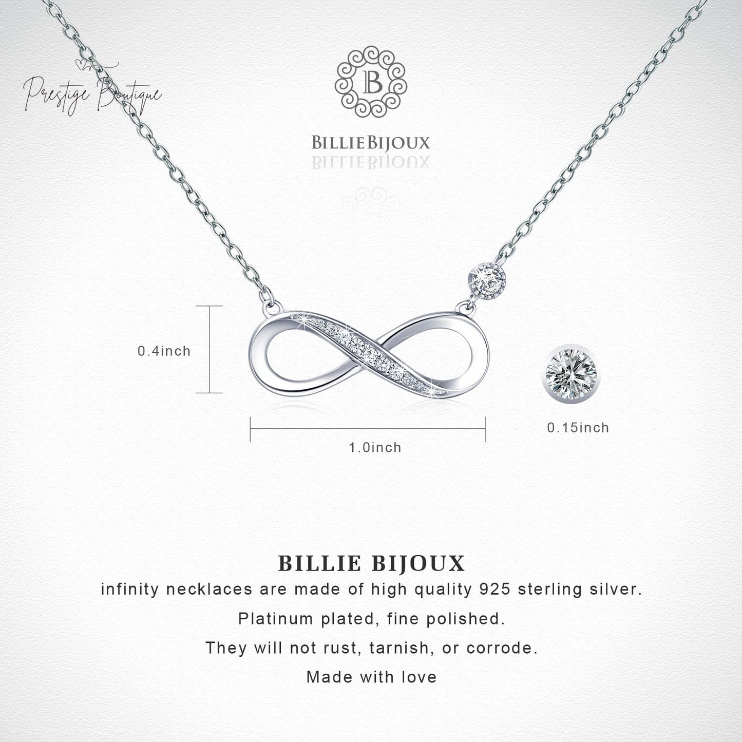 Billie Bijoux Infinity Necklaces 925 Sterling Silver Necklace Love Pendant White Gold Plated Women Necklace Gifts for for Women
