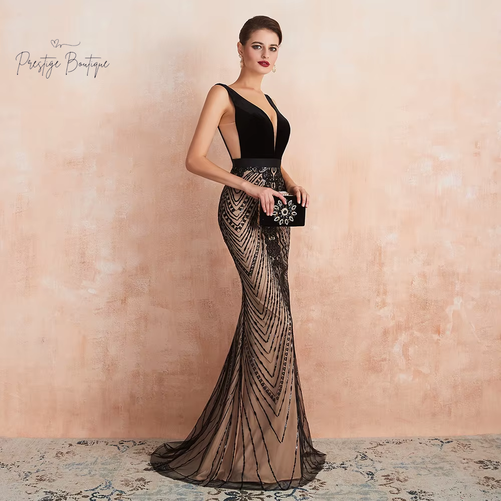 Customized Mermaid Evening Dresses YOUXI Sexy Plunging Backless Black and Champagne Long Prom Formal Gown Robe De Soiree