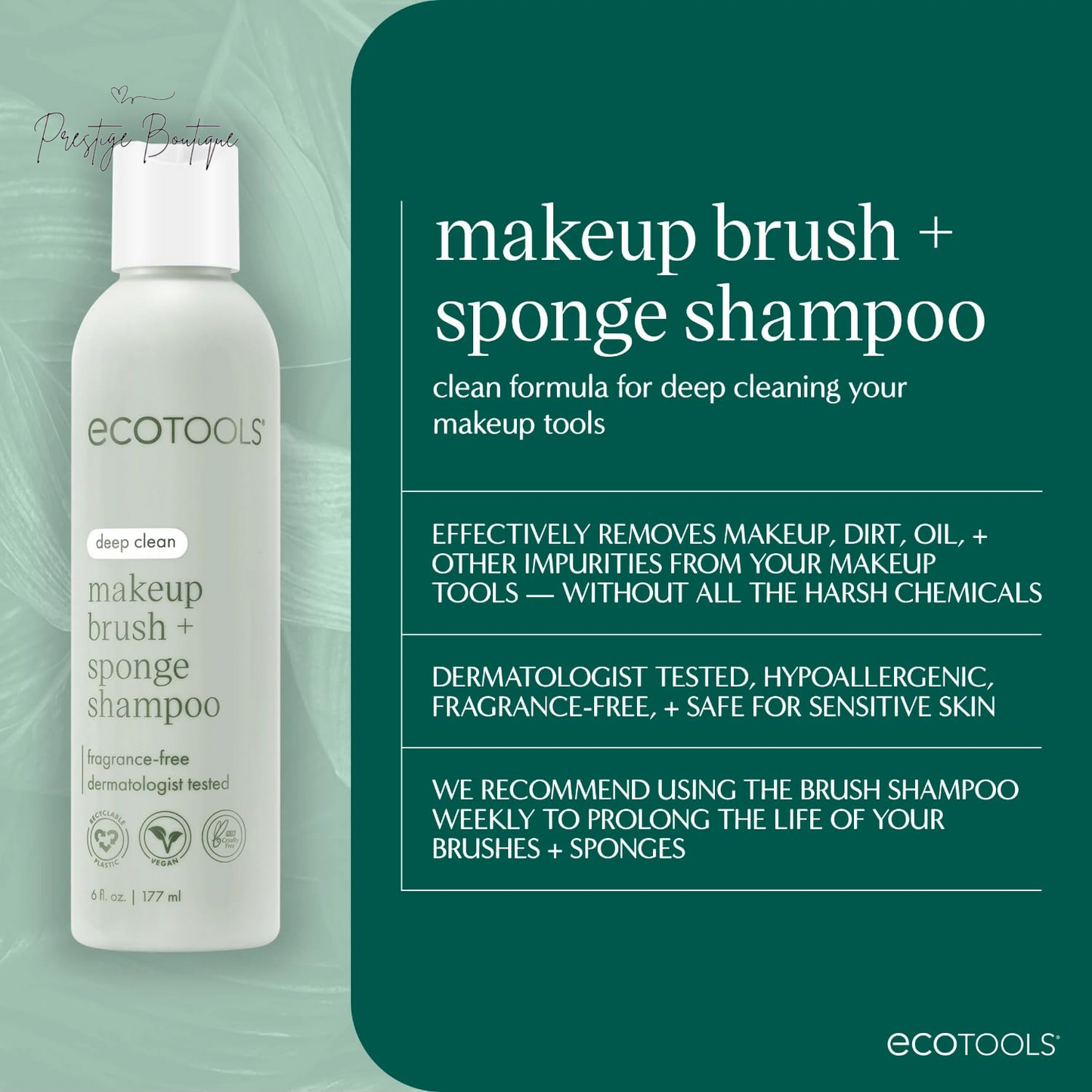 Ecotools Cleanser Shampoo for Makeup Brush/Sponge/Puffs, Remove Makeup & Impurities, Fragrance-Free, No Harsh Chemicals, Vegan & Cruelty-Free, 6 Fl.Oz./177 Ml, 1 Count