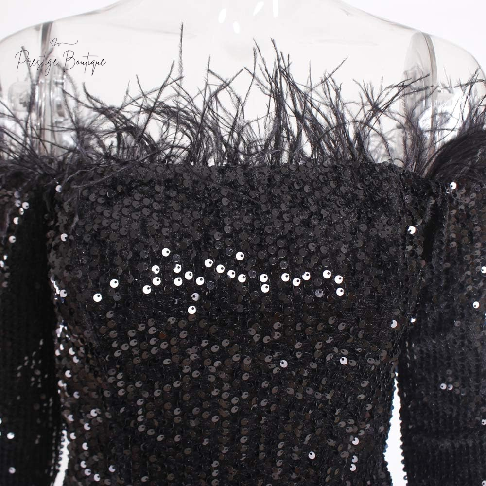 Romagic Formal Floor Length Long Sleeve Party Dress Sequin Feather Evening Prom Event