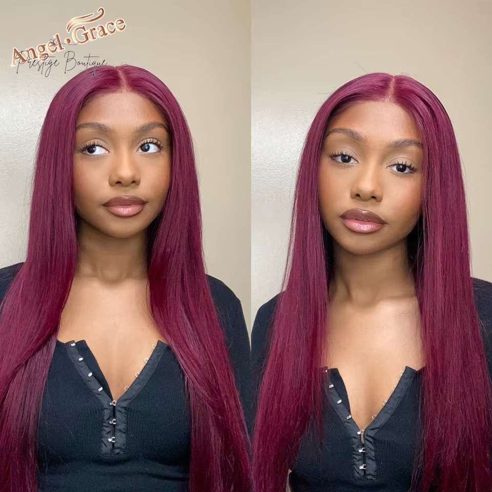 Angel Grace 99J Straight 4X4 Lace Closure Wigs Human Hair Burgundy Straight Wigs Brazilian Remy Colored Hair for Women