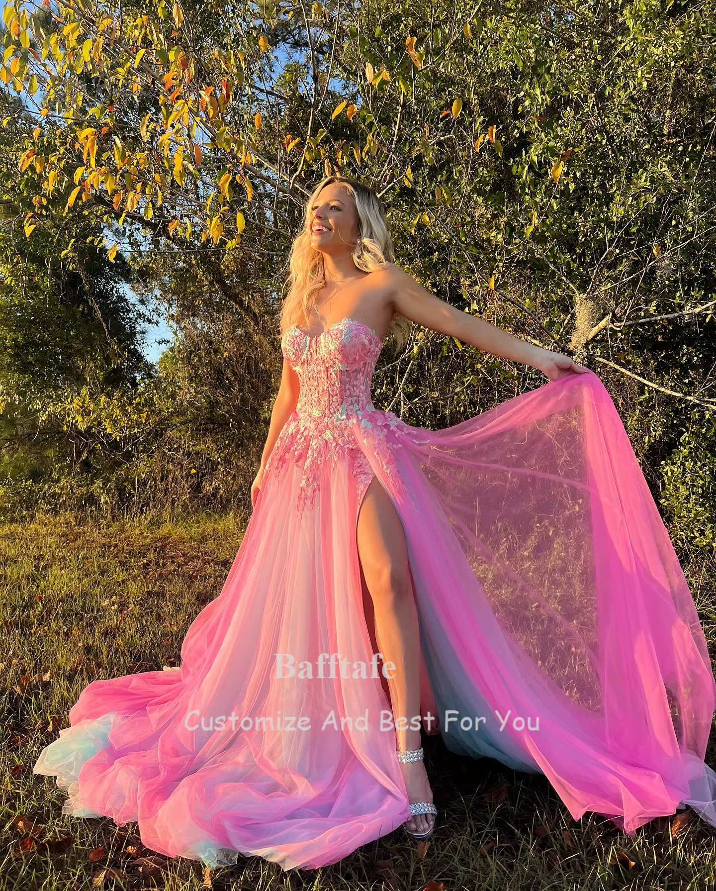 Bafftafe Customized Fairy Pink Mint Blue Prom Party Dresses Applique Women Evening Dress Slit Formal Wedding Engagement Gowns