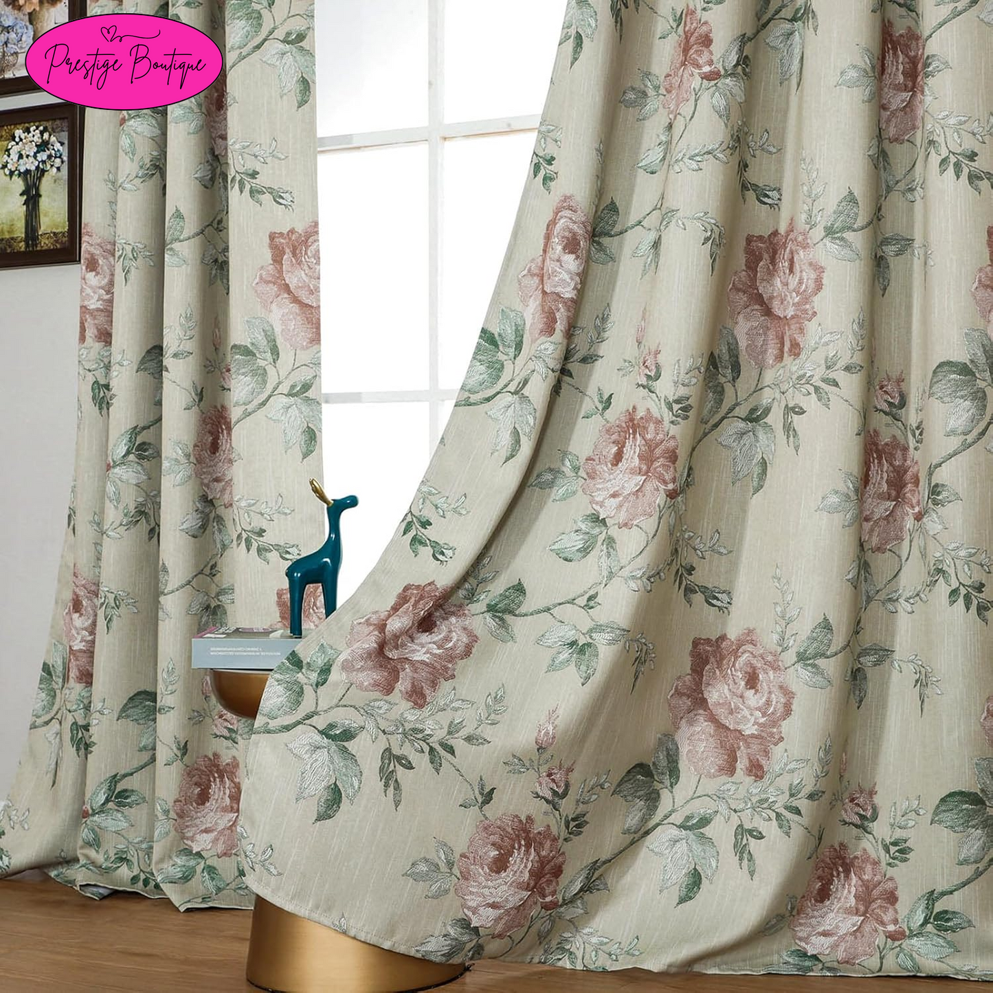 BUHUA Curtains 95 Inch Length 2 Panels Set Floral Curtains for Bedroom Living Room, Farmhouse Blackout Curtains for Sliding Door, 38" W X 95" L, Beige and Pink