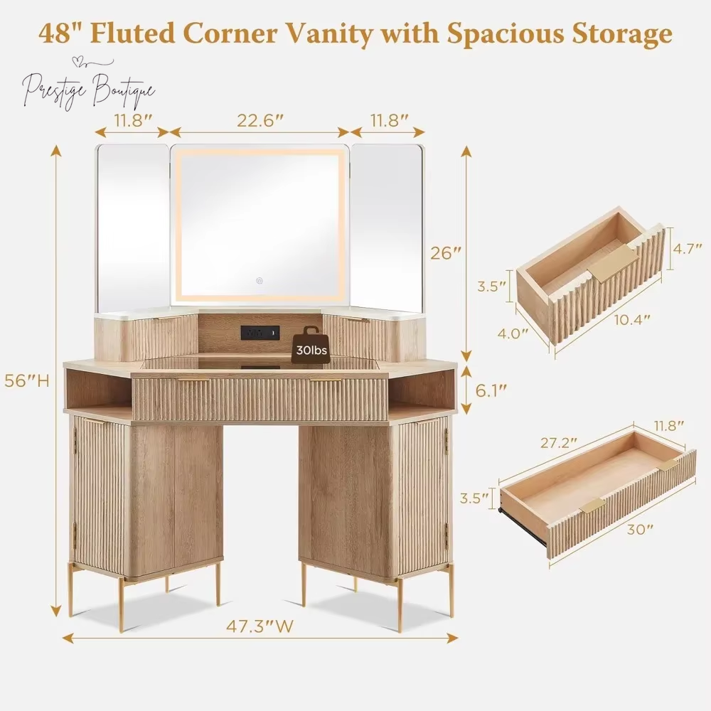 Fluted Makeup Vanity Desk with HD Triple Mirror and Lights, Large Lighted Corner Vanity with Glass Top, Modern Dressing Table