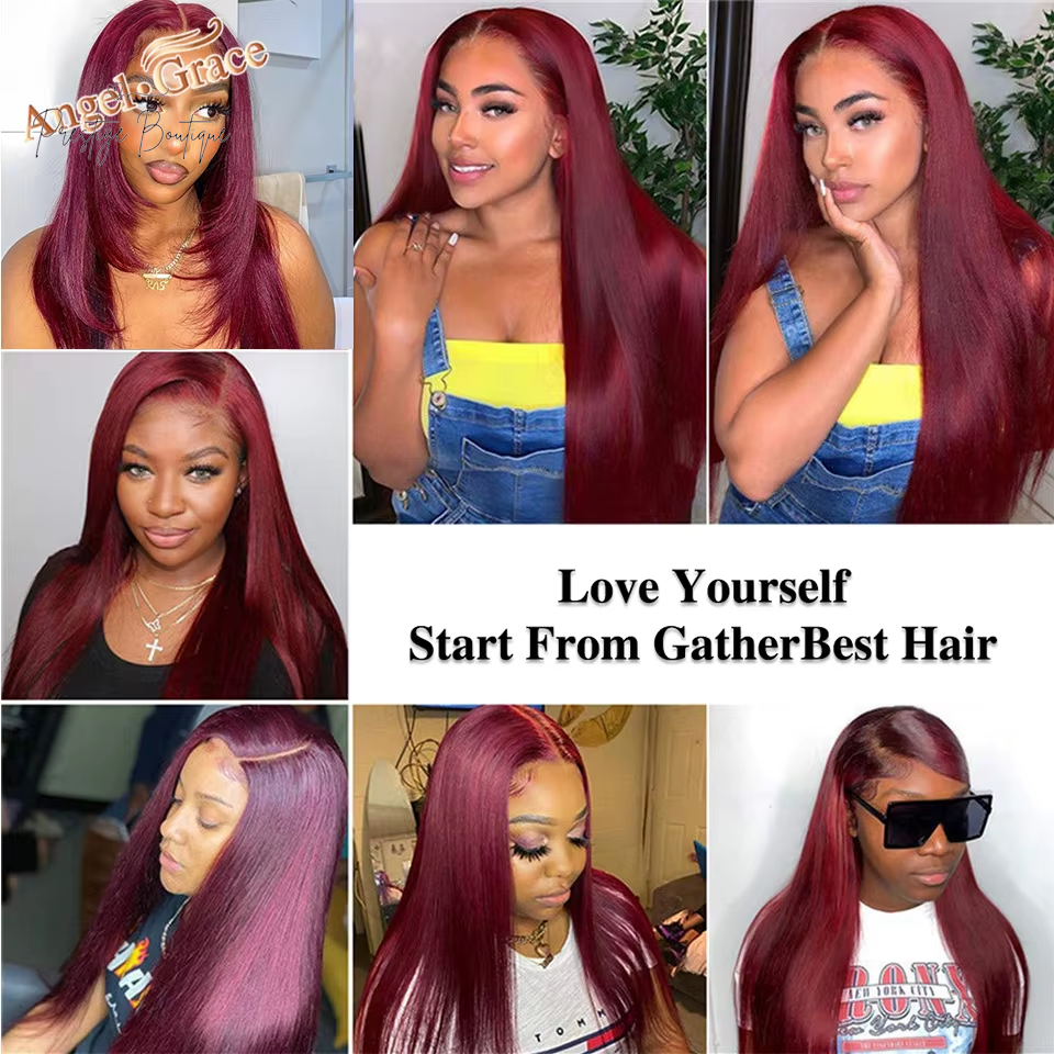 Angel Grace 99J Straight 4X4 Lace Closure Wigs Human Hair Burgundy Straight Wigs Brazilian Remy Colored Hair for Women