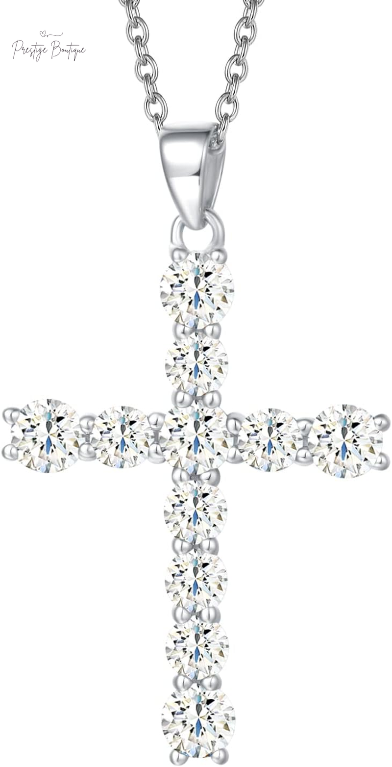 Carleen Cross Necklace for Women Yellow Gold Plated Sterling Silver Cubic Zirconia CZ Simulated Diamond Cross Crucifix Pendant Necklace Jewelry Easter Gift for Women, 18" Silver Chain Nice Gifts Jewelry Box