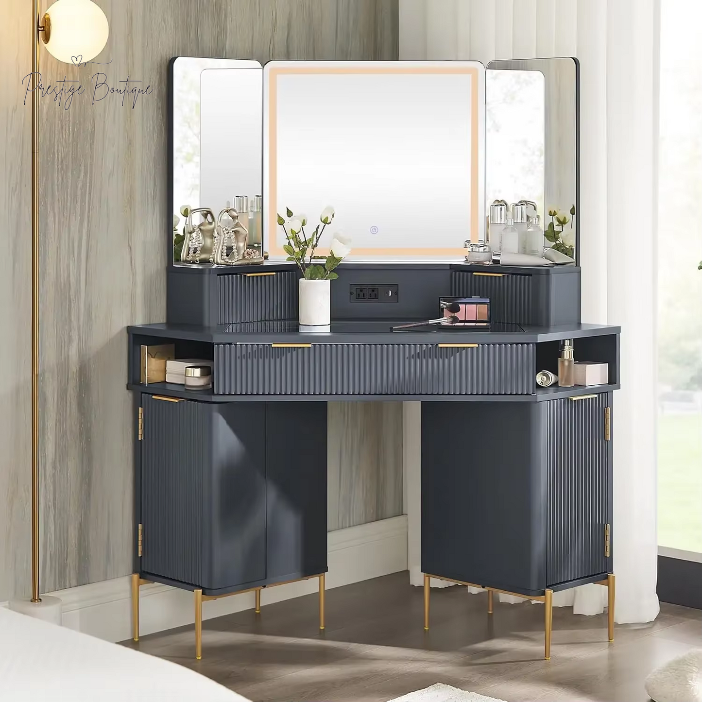 Fluted Makeup Vanity Desk with HD Triple Mirror and Lights, Large Lighted Corner Vanity with Glass Top, Modern Dressing Table