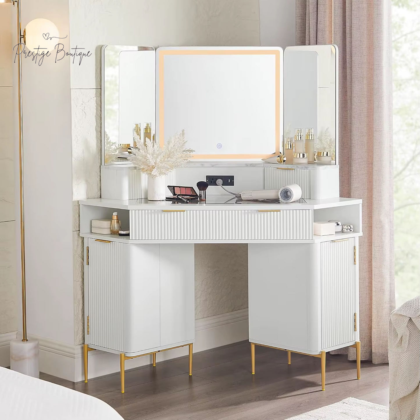 Fluted Makeup Vanity Desk with HD Triple Mirror and Lights, Large Lighted Corner Vanity with Glass Top, Modern Dressing Table
