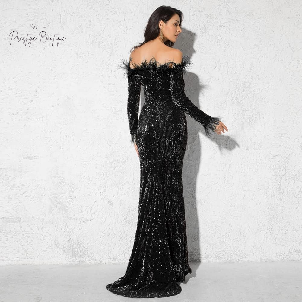 Romagic Formal Floor Length Long Sleeve Party Dress Sequin Feather Evening Prom Event