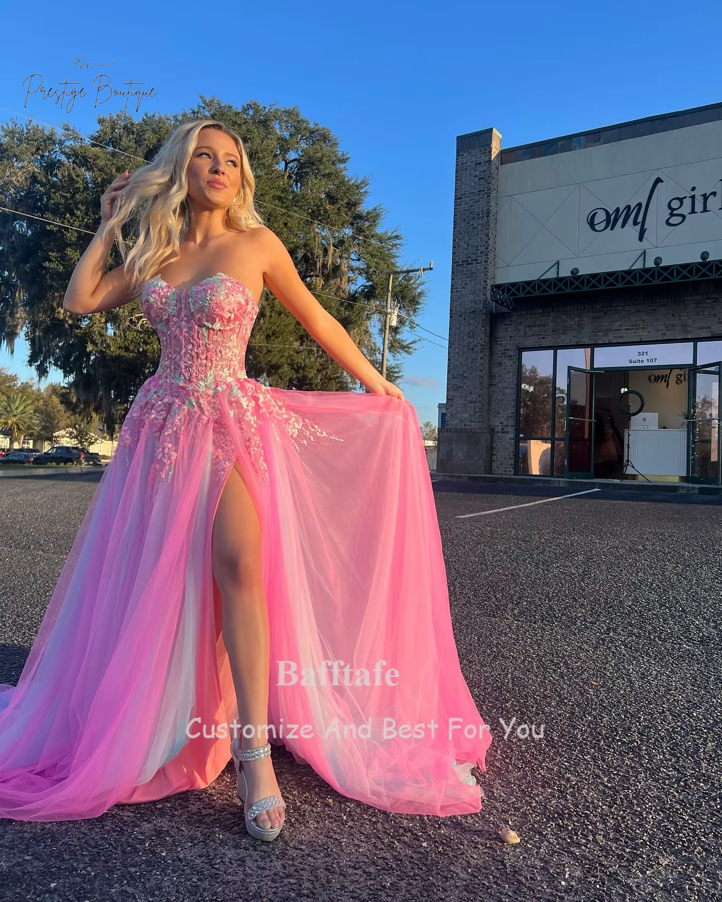 Bafftafe Customized Fairy Pink Mint Blue Prom Party Dresses Applique Women Evening Dress Slit Formal Wedding Engagement Gowns