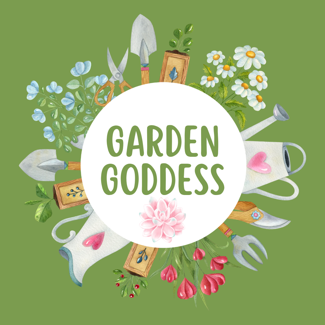 Colorful illustration of gardening tools and flowers with the text 'Garden Goddess' on a green background.