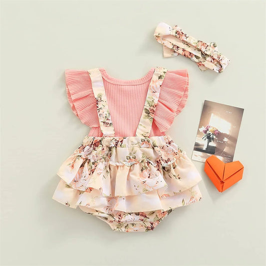 Summer Baby Girl Dress With Bowknot headband Striped Jumpsuit Cotton Dress For Newborn Floral Clothes Baby Crawling Clothes