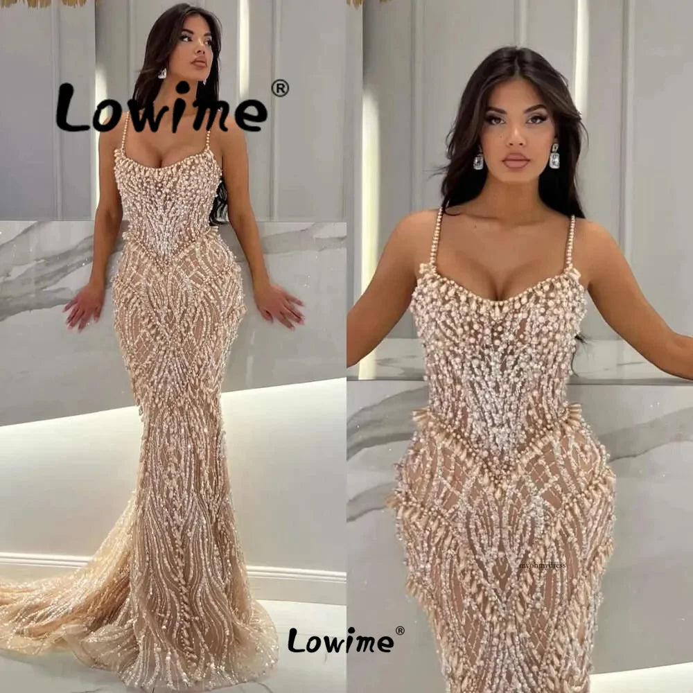 Champagne Pearl Prom Dress Mermaid Spaghetti Straps Wedding Party Dress Customized Arabic Celebrity Dresses Elegant Evening Gown