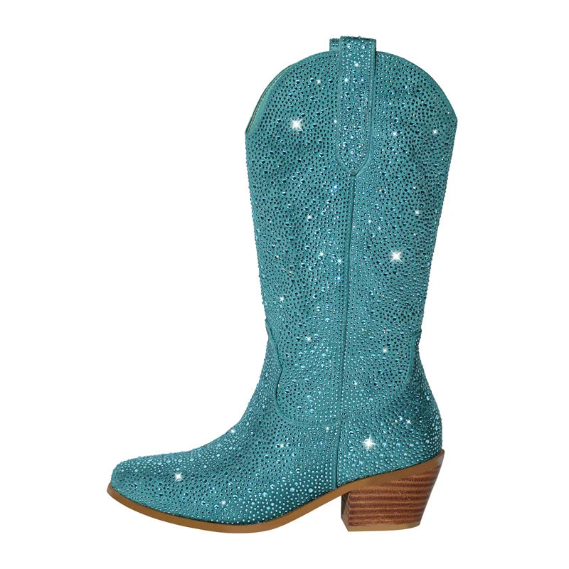 Glam Gal Diamond Rhinestone Western Cowgirl Boots with sparkling rhinestones in blue, perfect for stylish western looks.