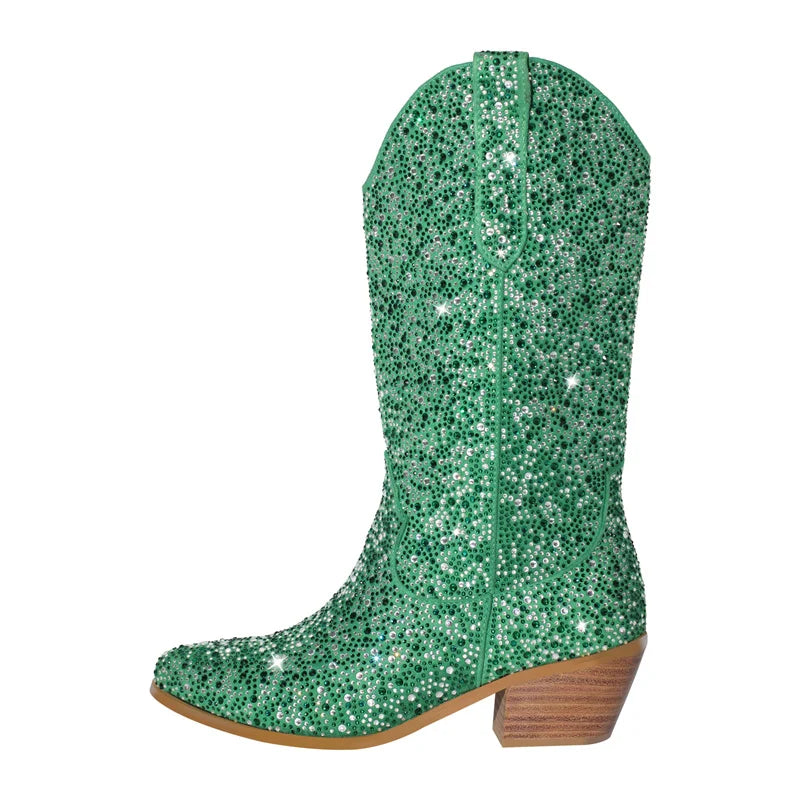 Glam Gal Diamond Rhinestone Western Cowgirl Boots in sparkling green with a stylish cowboy design.