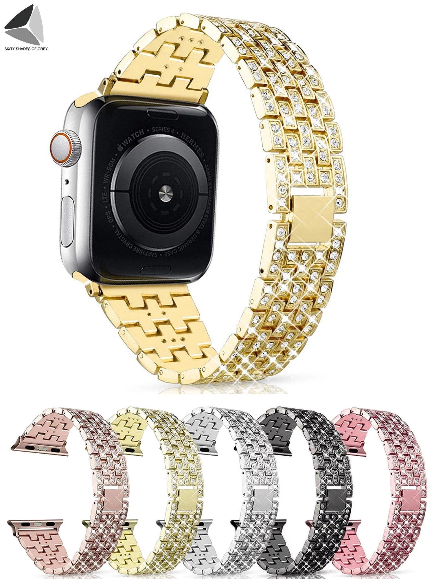 Bling Replacement Bracelet Iwatch Band Glitter Diamond Rhinestone Stainless Steel Metal Wristband Strap Apple Watch Band 38Mm 42Mm for Series 8/7/6/5/4/3/2/1 SE (Gold)