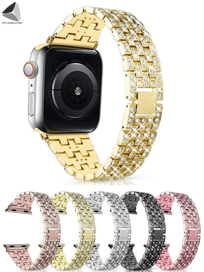 Bling Replacement Bracelet Iwatch Band Glitter Diamond Rhinestone Stainless Steel Metal Wristband Strap Apple Watch Band 38Mm 42Mm for Series 8/7/6/5/4/3/2/1 SE (Gold)