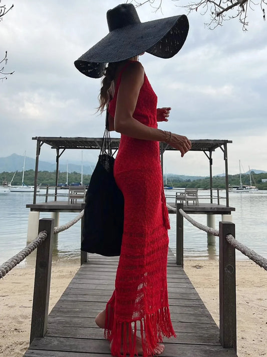 Sexy Swimsuit Bikini Cover-ups Knit Cut Out V-Neck Sleeveless Tassel Women Beach Maxi Dress 2024 Summer Vacation Dresses A2877