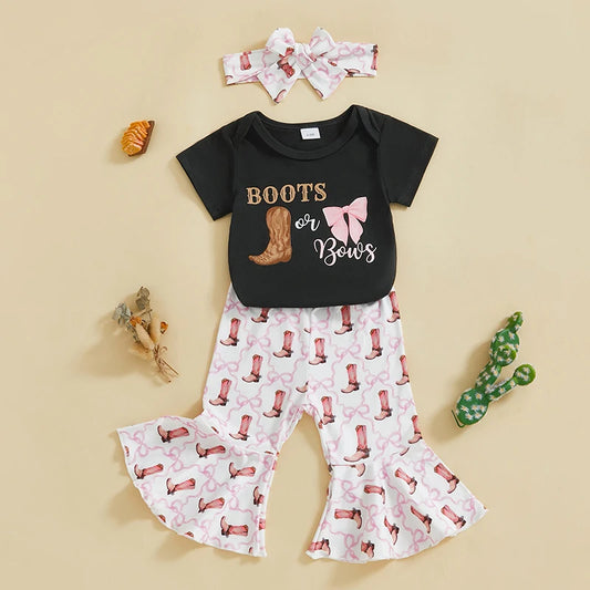 Western Baby Girl Clothes Boots or Bows Letter Bodysuit Romper Cow Print Flared Pants Headband Cowgirl Country Outfit