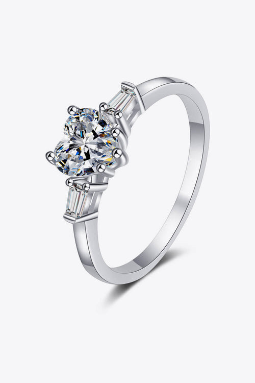 1.2 Carat Moissanite Heart Ring Silver ring with three gemstones on a white background