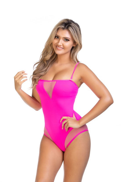 Women's sexy hot pink mesh one piece swimsuit 