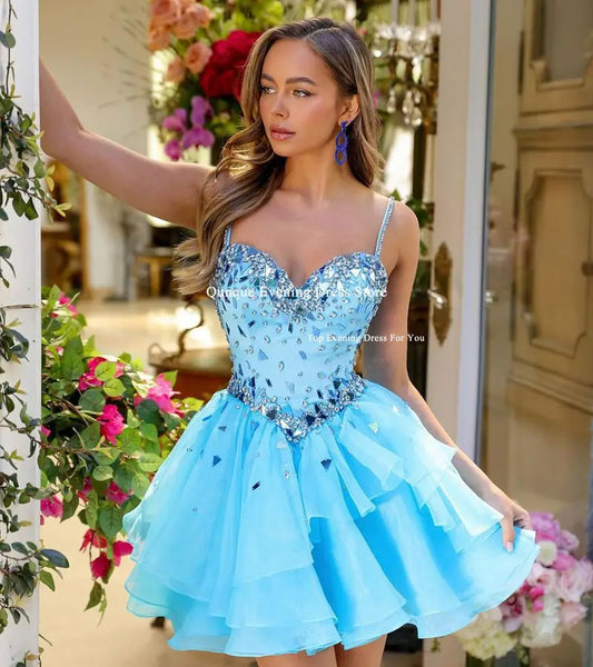Qunque Customized Crystals Cocktail Dresses Short Evening Dresses For Women Sexy Spaghetti Straps Mini Tulle Formal Party Gowns