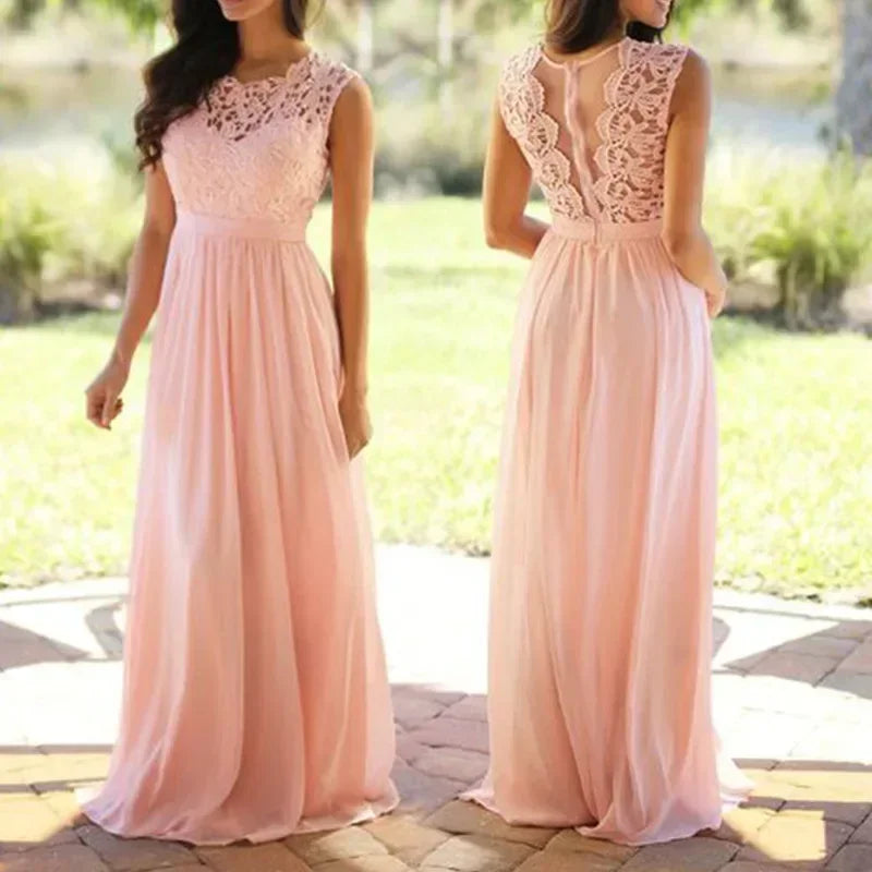 2025 Women Elegant Lace Patchwork Long Dress Female Solid Wedding Bridesmaid Party Maxi Dress Robe Femme Vestidos Dresses S-5XL