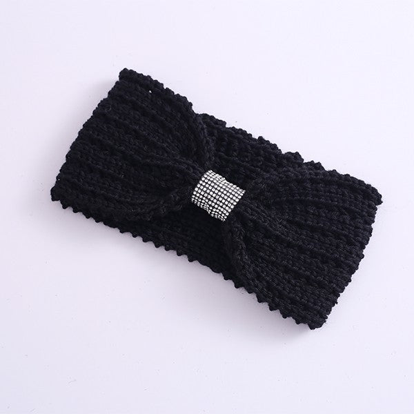 Winter Rhinestone Bow Knitted Headband black