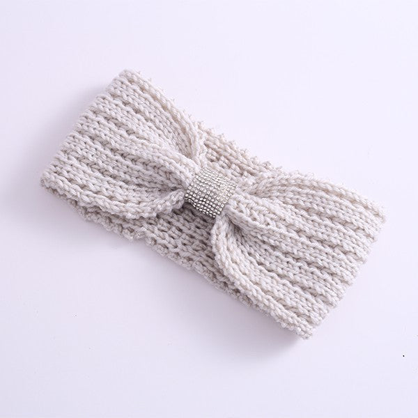 Winter Rhinestone Bow Knitted Headband white