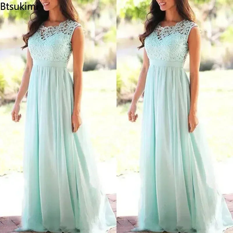 2025 Women Elegant Lace Patchwork Long Dress Female Solid Wedding Bridesmaid Party Maxi Dress Robe Femme Vestidos Dresses S-5XL