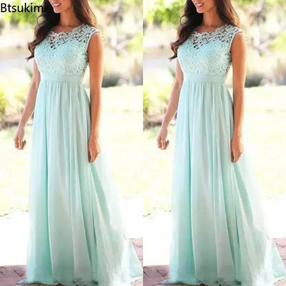2025 Women Elegant Lace Patchwork Long Dress Female Solid Wedding Bridesmaid Party Maxi Dress Robe Femme Vestidos Dresses S-5XL