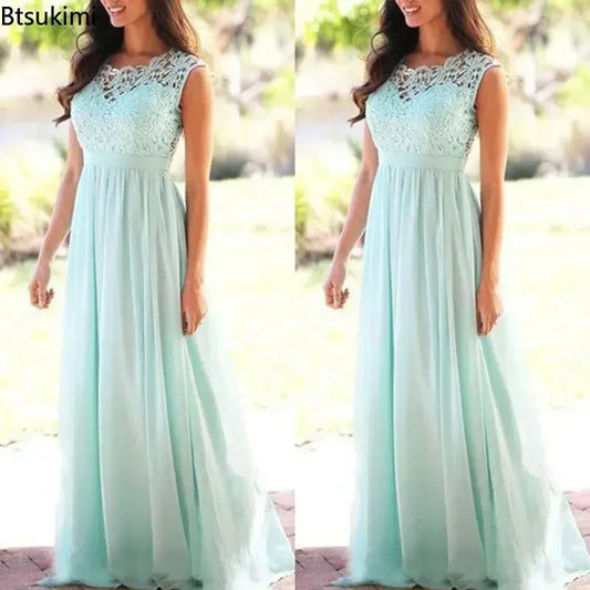 Women Elegant Lace Patchwork Long Dress Female Solid Wedding Bridesmaid Party Maxi Dress Robe Femme Vestidos Dresses S-5XL aqua green blue 