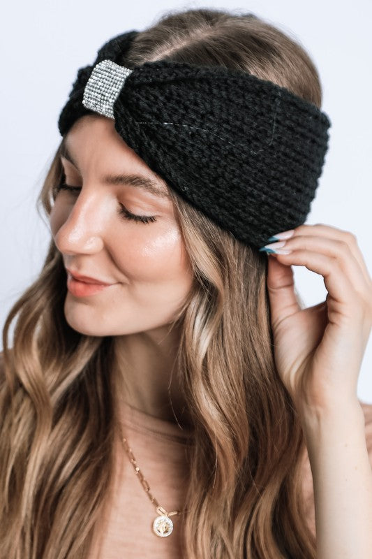 Winter Rhinestone Bow Knitted Headband
