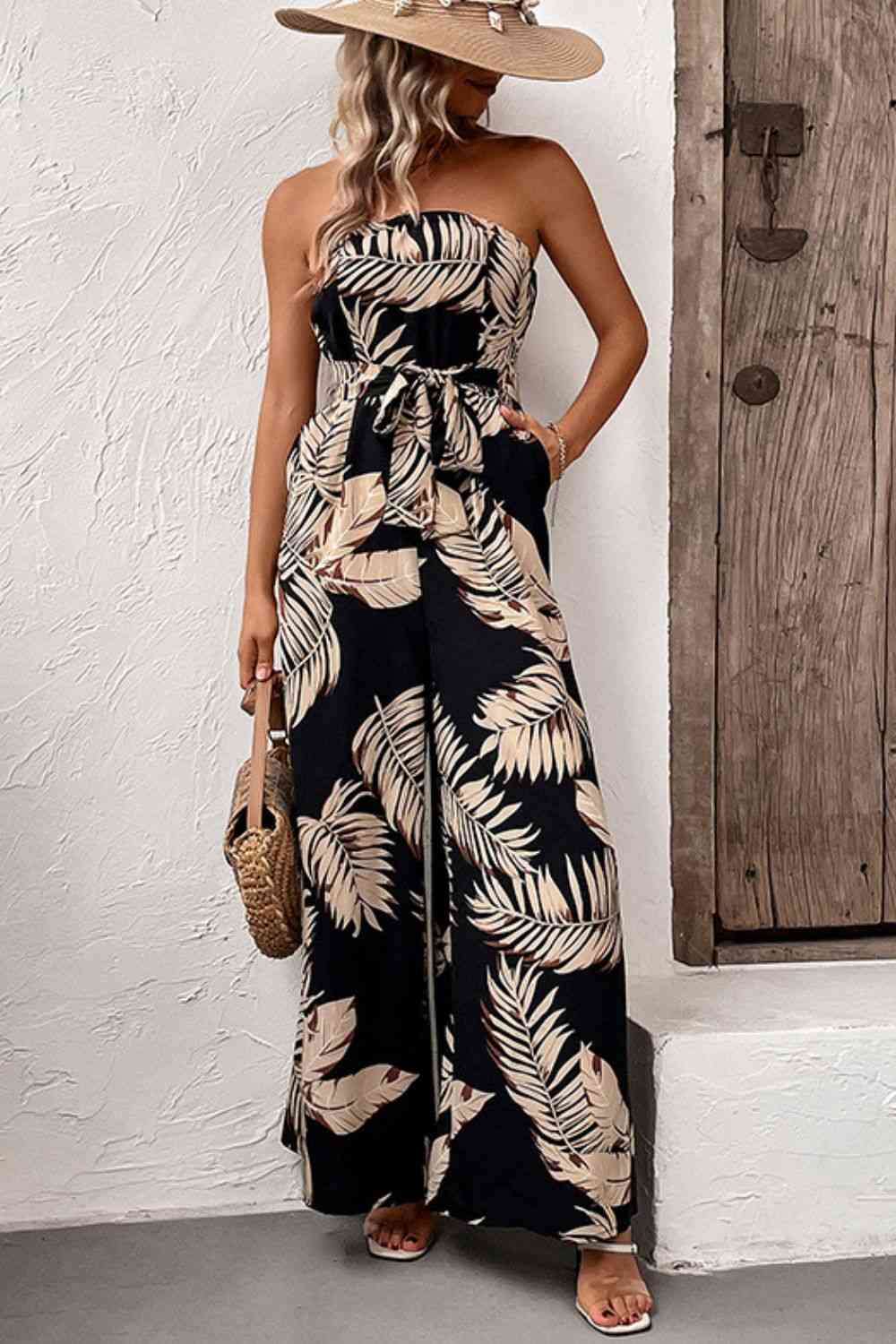  Printed Strapless Wide Leg Jumpsuit with Pockets