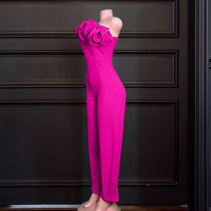 S-XXL Large Women's Jumpsuits Sexy One Shoulder Sleeveless Wood Ear Side High Waist Wide Leg Pants Ladies Commute Casual Rompers