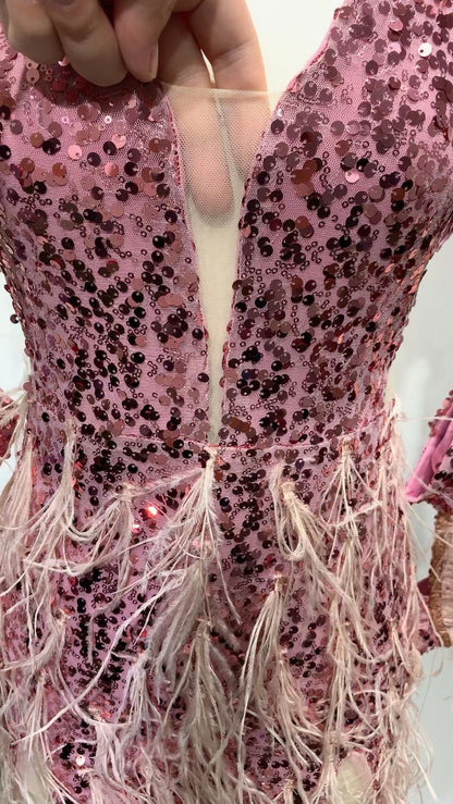 Autumn Slimming Long Sleeves Sequined Low-cut Tight-fitting High-end Feather Dress