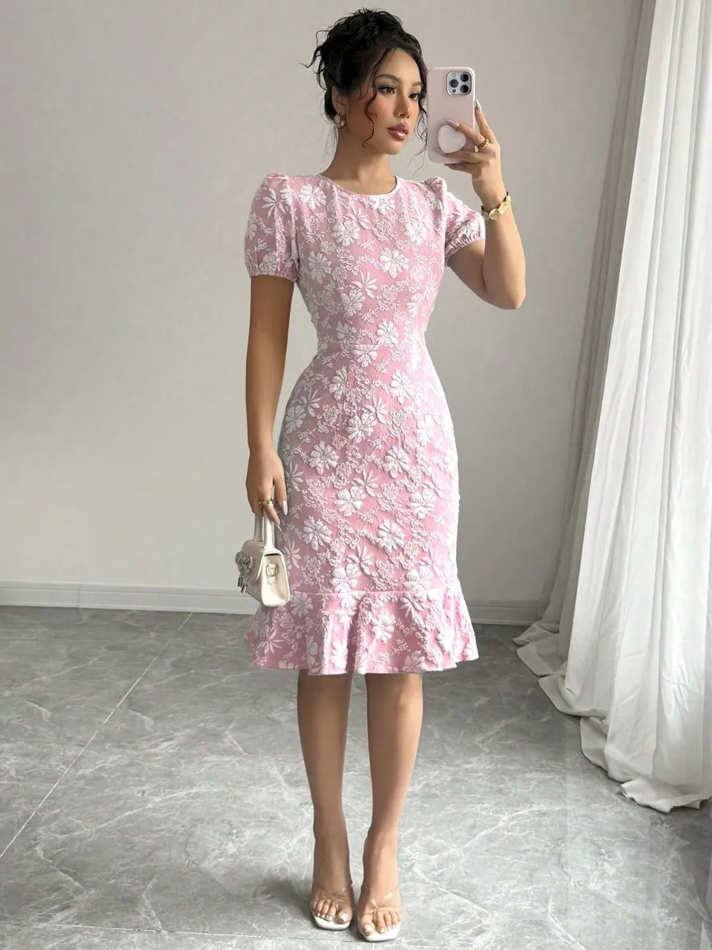 Pink and white floral knee length dress for women