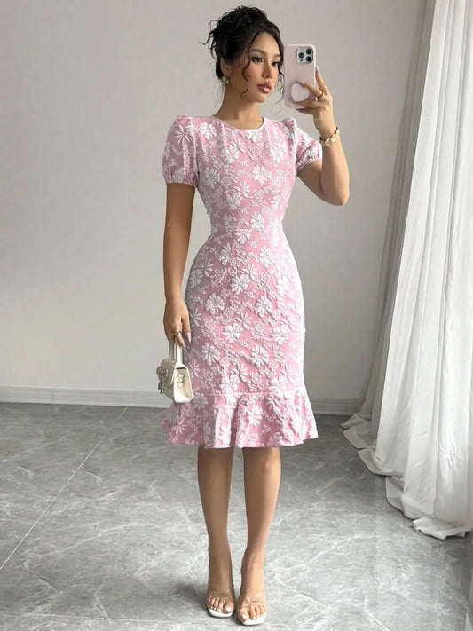 Pink and white floral knee length dress for women