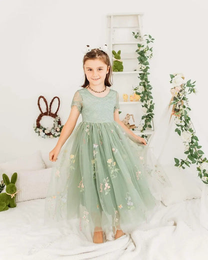 FATAPAESE 2-14 Years Lace Tulle Flower Girls Dress Princess for Kid Child Wedding Party Juniorbridesmaid Maxi Ball Gown Evening